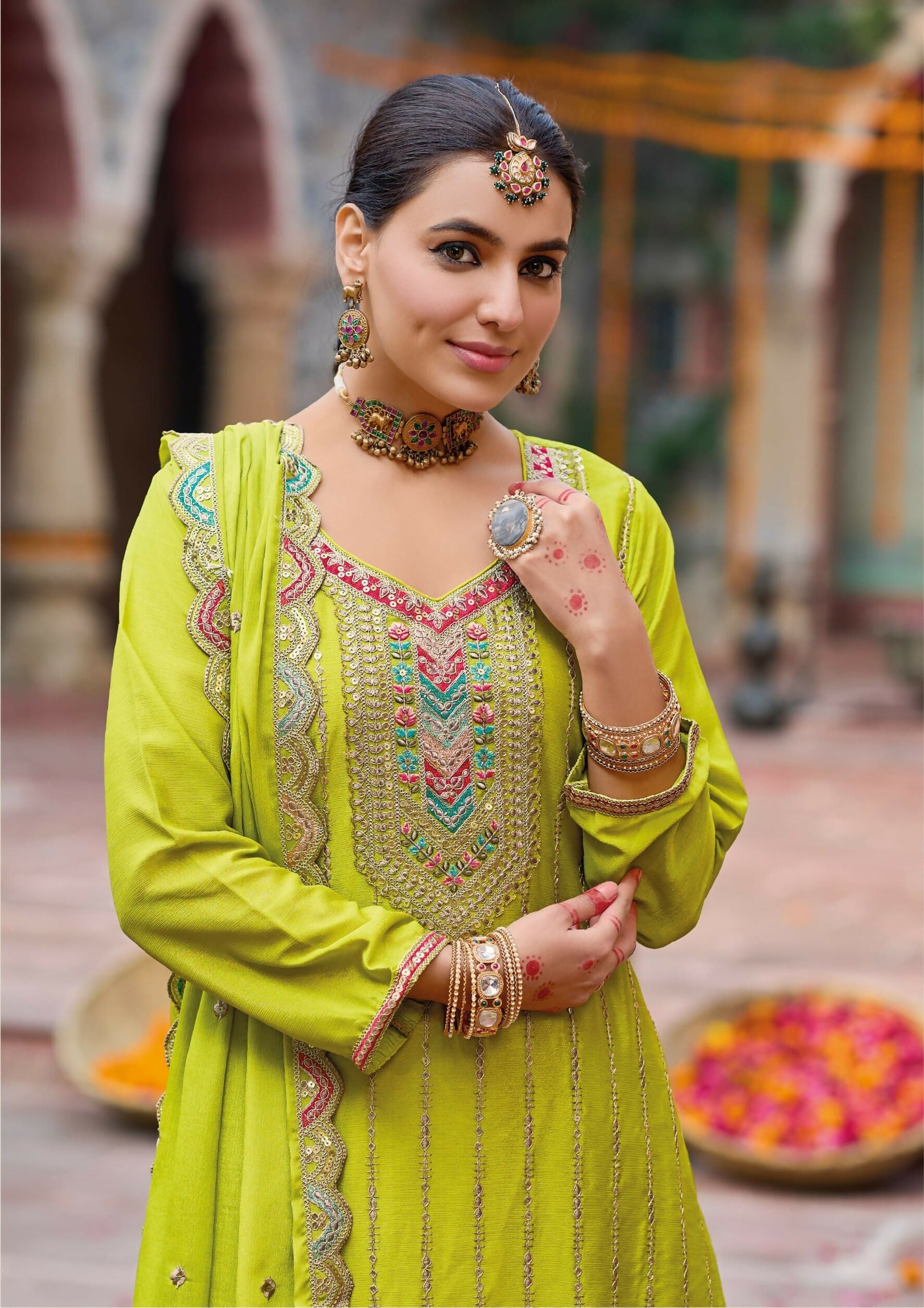 Anaita Lime Yellow Premium Embroidery Dhaga Sequin Work Ready Made Suit | Grocsy