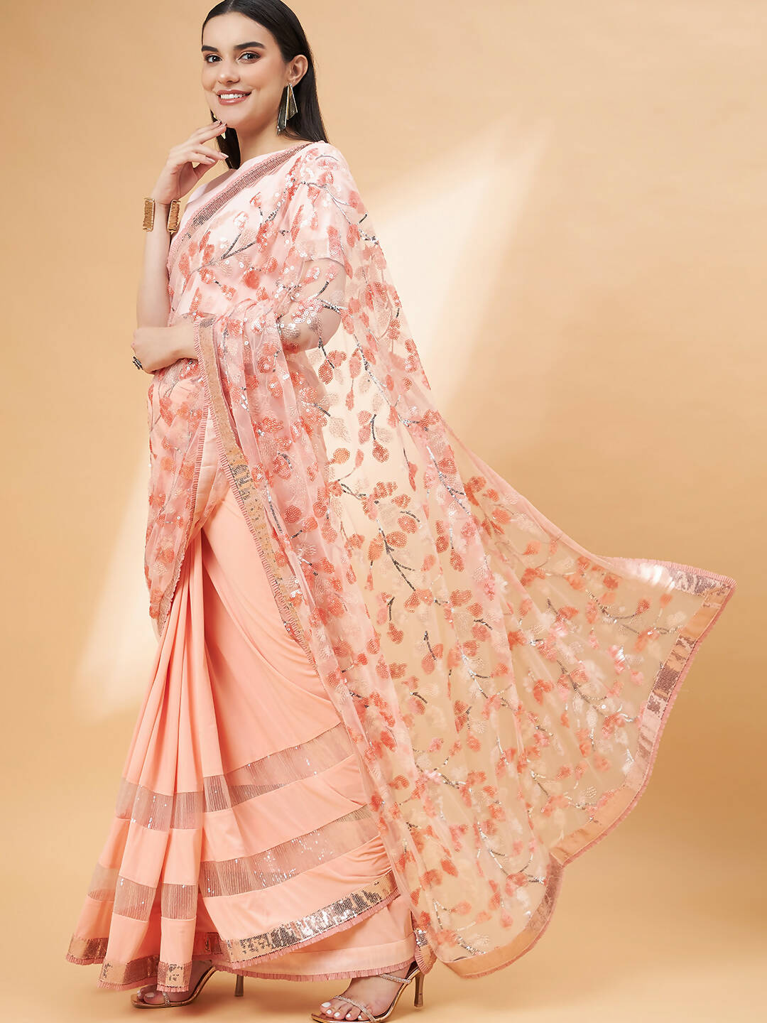 Peach Lycra Sequin Embroidery And Frills Saree - Norita Hit Design | Grocsy