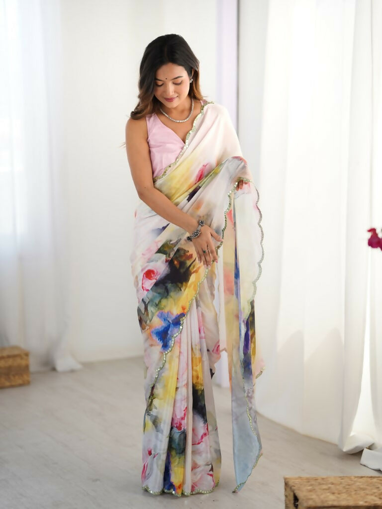 Multi Chinon Designer Digital Printed,Mirror Cut Work Saree - Elayna | Grocsy