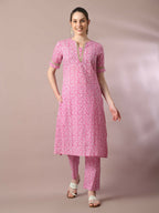 Myshka Women's Pink Printed Cotton Straight Party Kurta Set | Grocsy