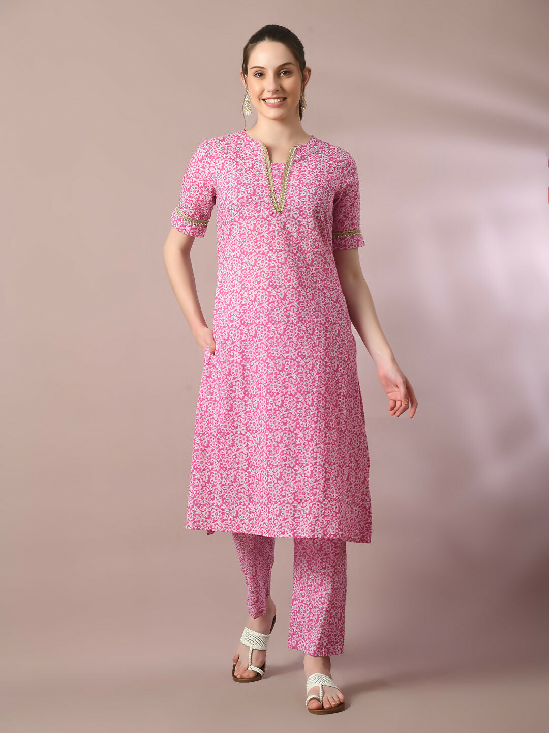 Myshka Women's Pink Printed Cotton Straight Party Kurta Set | Grocsy