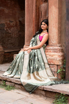 Joban Fashion Dusty Olive Banarasi Katan Pure Handloom Silk Saree | Grocsy