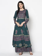 Aniyah Rayon Teal Blue Color Block Print Anarkali Palazzo Set (AN-220K) | Grocsy