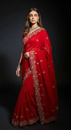 Joban Fashion Red Fandy Satin Silk Party Wear Sarees | Grocsy