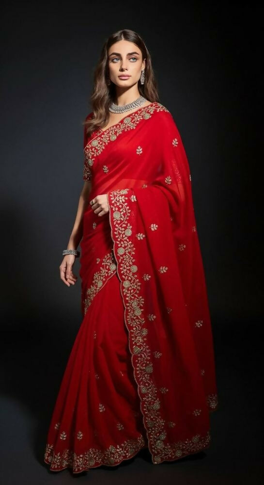 Joban Fashion Red Fandy Satin Silk Party Wear Sarees | Grocsy