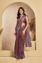 Vastranavya Coffee Digital Printed Linen Ready To Wear Designer Saree with Unstitched Blouse | Grocsy