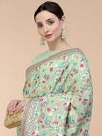 Sea Green Silk Blend Woven Design Saree With Unstitched Blouse Piece - Aloki | Grocsy