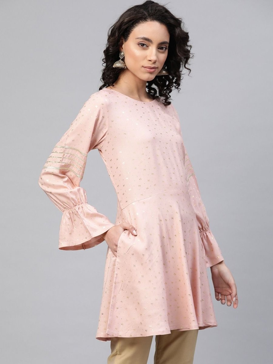 Ahalyaa Women Pink Rayon Golden Ethnic Print Tunic | Grocsy