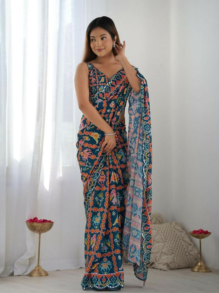 PR Fashion Dark Blue Georgette Digital Print With Mirror Work Saree | Grocsy