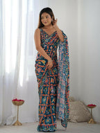 PR Fashion Dark Blue Georgette Digital Print With Mirror Work Saree | Grocsy