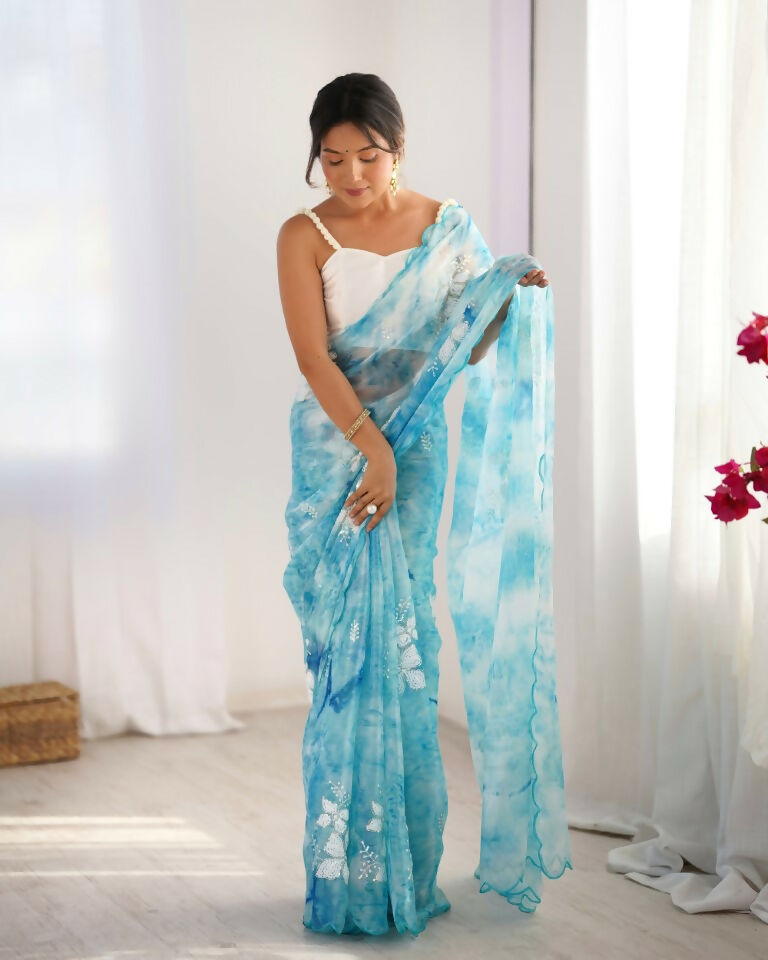 Sky Blue Jimmy Choo Printed, Sequence Embroidery Work Saree - Saima | Grocsy