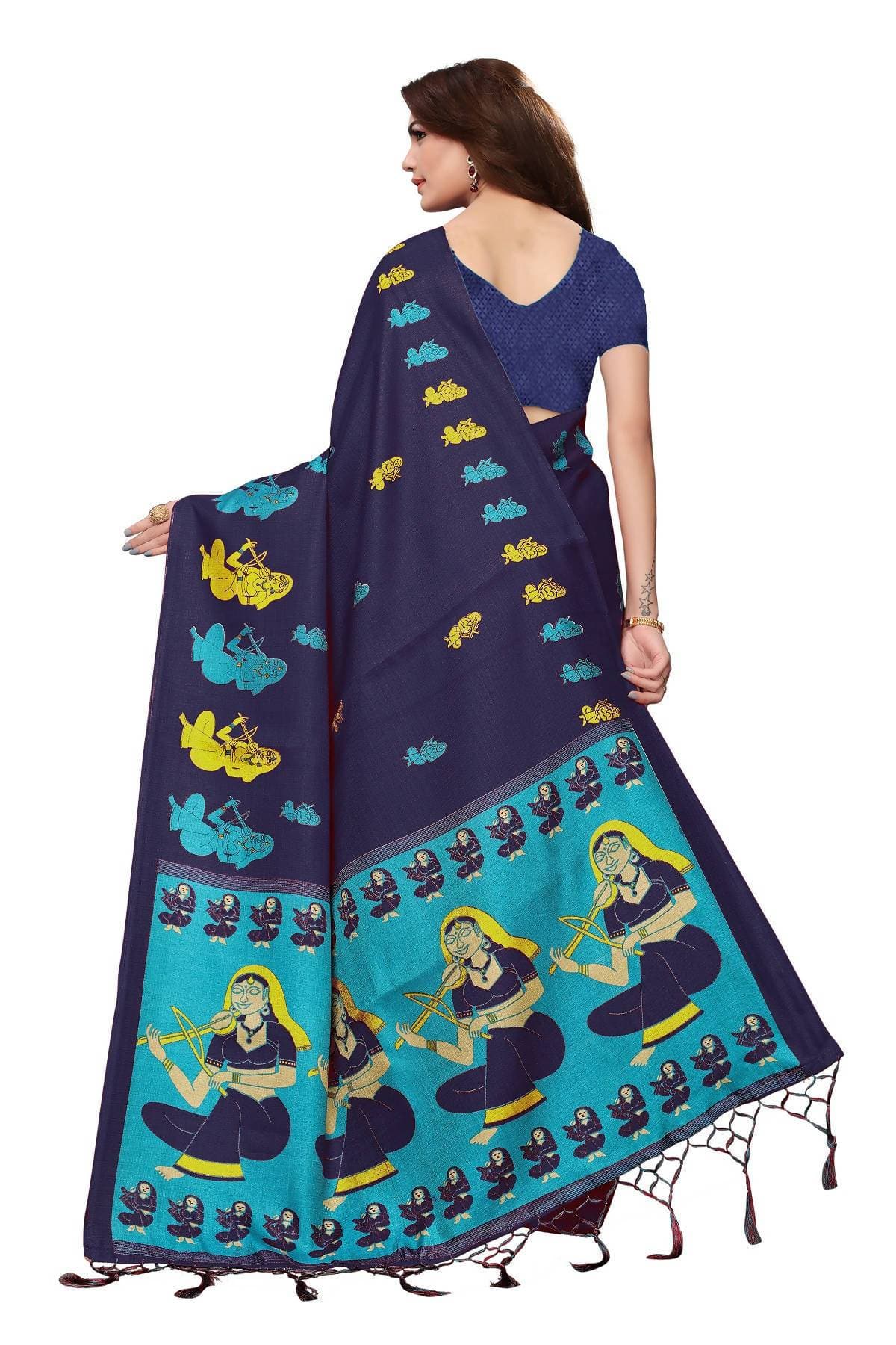 Vamika Navy Blue Kalamkari With Jhalar Khadi Silk Saree | Grocsy