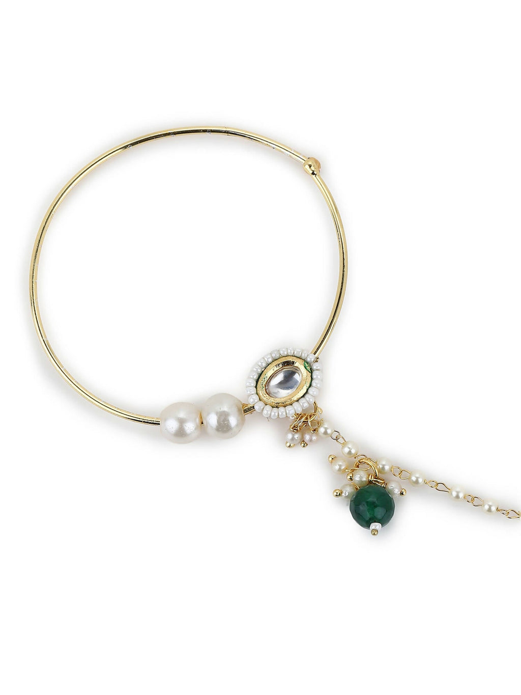 Gold-Polished White Green Kundan-Studded Pearl Beaded Nosepin - Ruby Raang | Grocsy