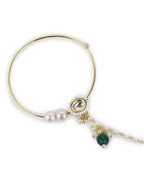 Gold-Polished White Green Kundan-Studded Pearl Beaded Nosepin - Ruby Raang | Grocsy