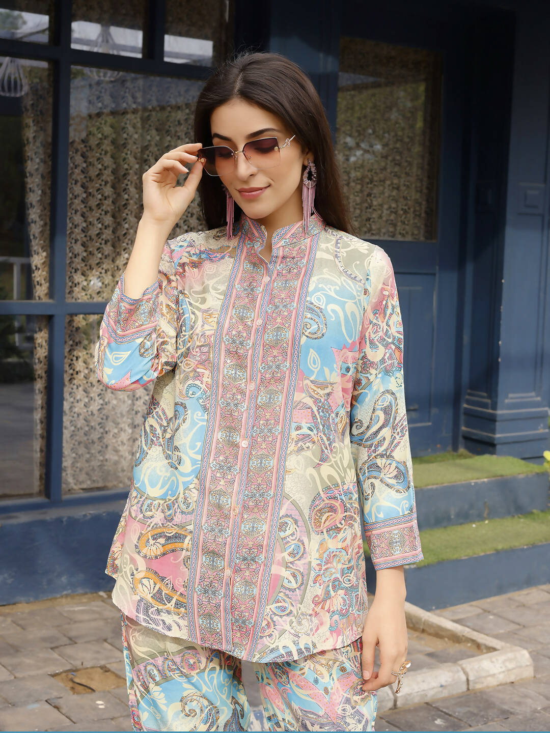 Beige & Pink Rayon Paisley Printed Top with Matching Bottom - Eesha | Grocsy