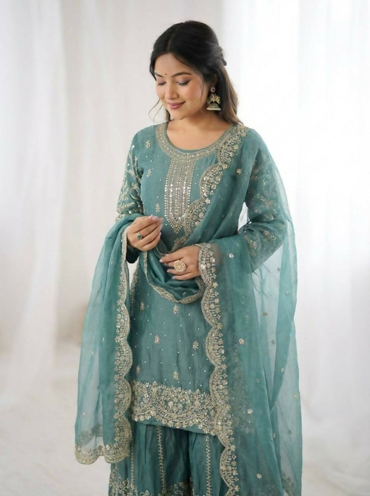 Teeya Creation Turquoise Color Fendy Silk Embroidery Work Wedding Wear Salwar Suit | Grocsy