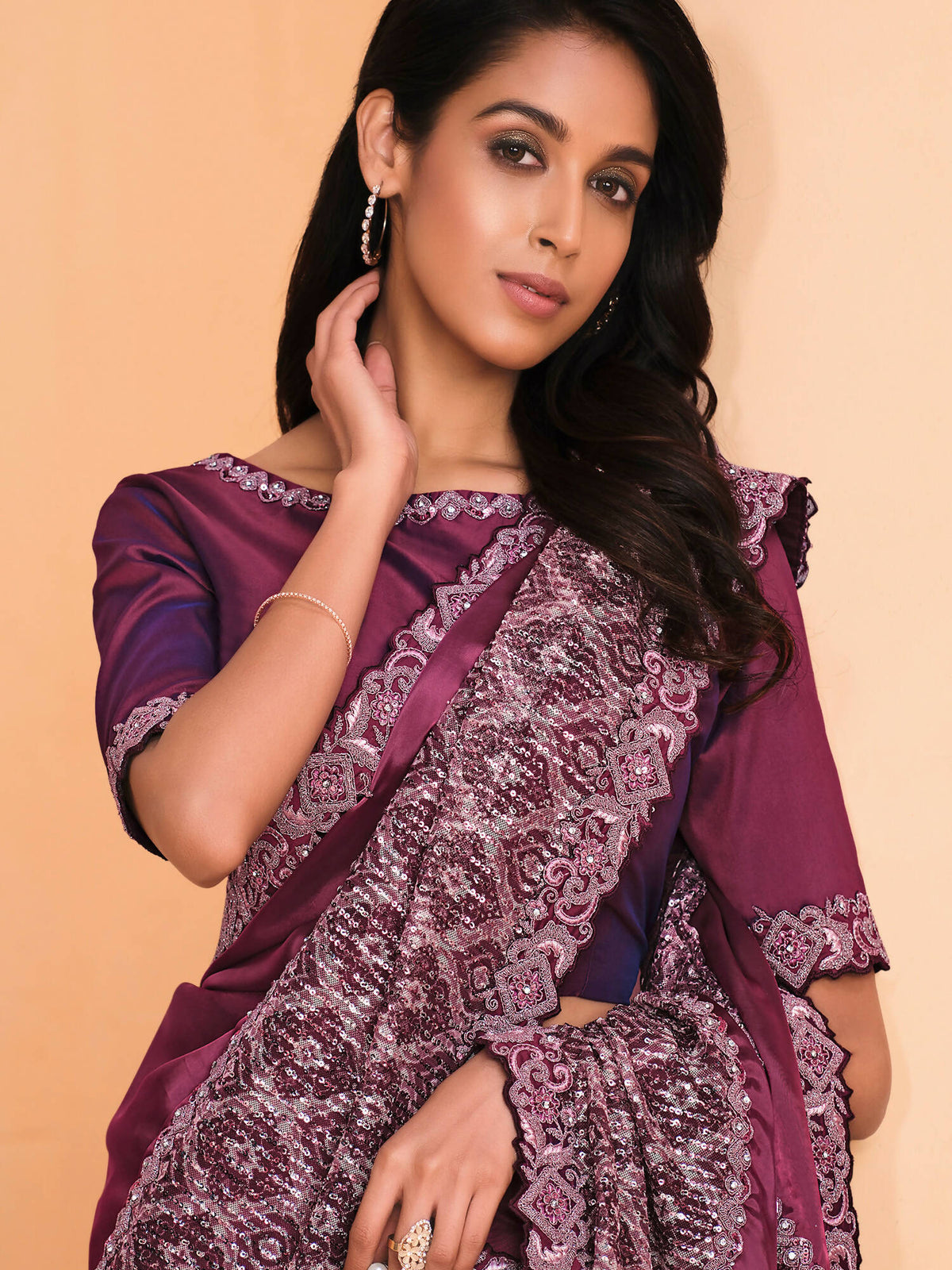 Maroon Satin Crepe Silk Sequence Embroidered Saree With Unstitched Blouse - Mohmanthan Yavanika | Grocsy