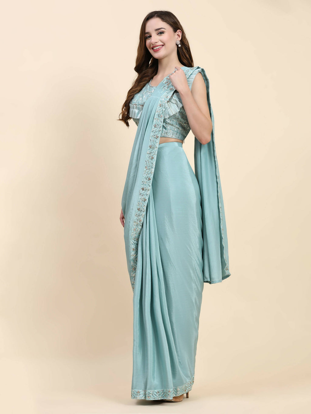 Sky Blue Silk Satin Solid Ready to wear Saree with stitched Blouse - Satiksha | Grocsy