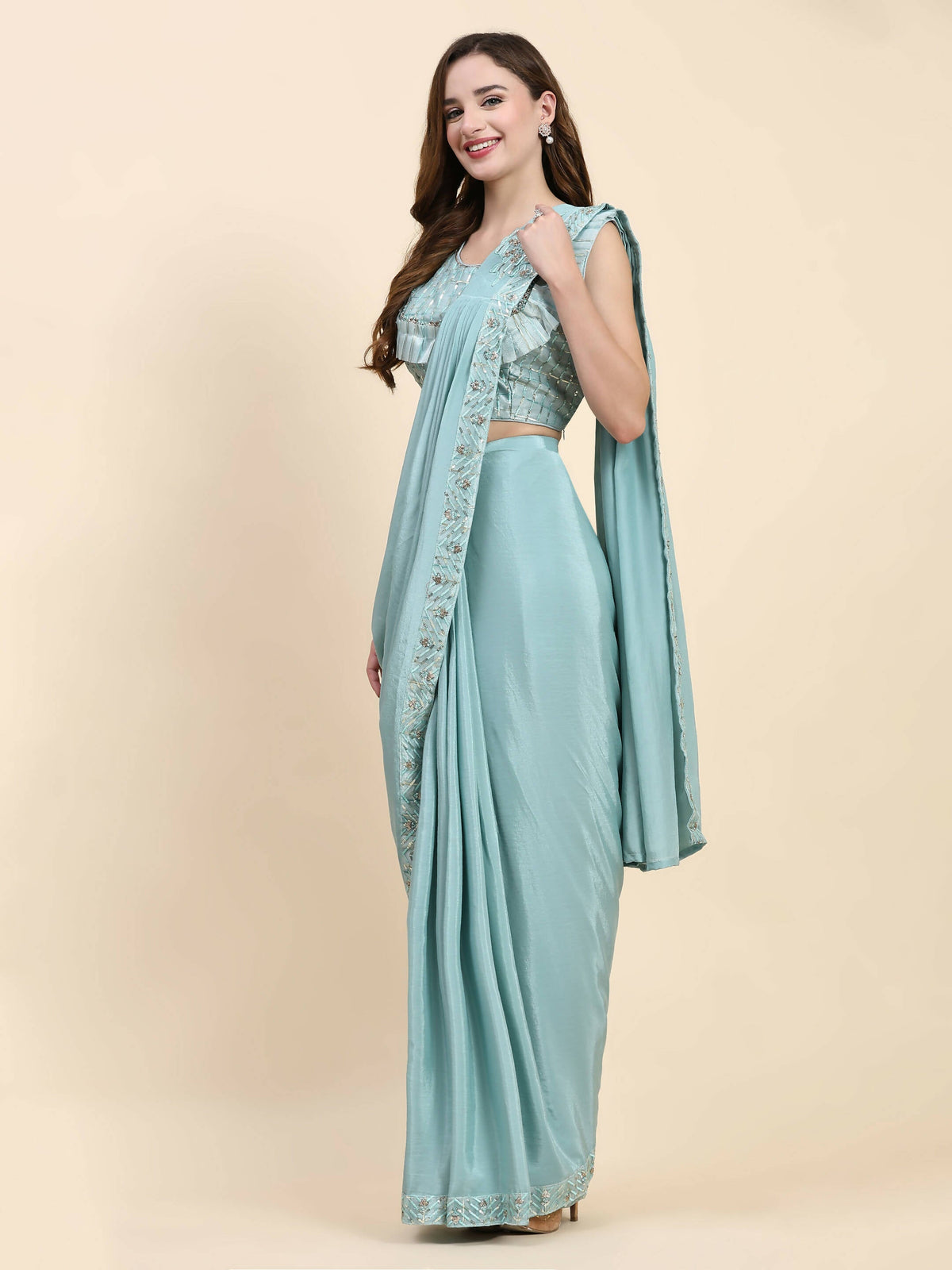 Sky Blue Silk Satin Solid Ready to wear Saree with stitched Blouse - Satiksha | Grocsy