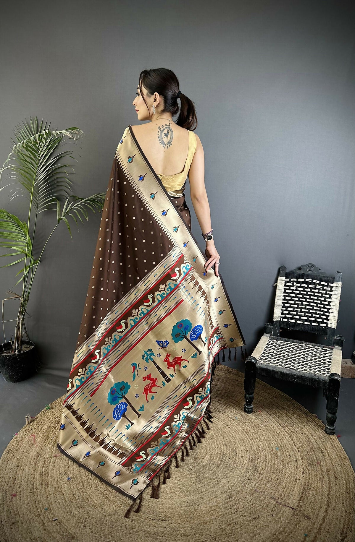 Joban Fashion Brown Peacock & Floral Motifs Soft Lichi Silk Kanchipuram Saree | Grocsy