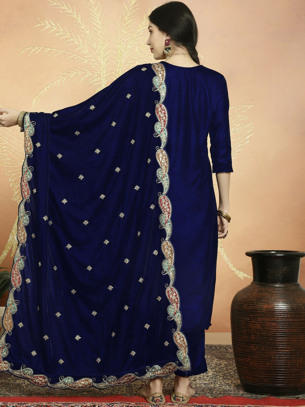 Jyoti Fashion Women's Navy Blue Velvet Cording with Resham Thread & Sequin Kurta with Trouser & Dupatta | Grocsy