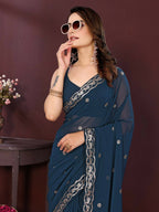 Ai Fashion Teal Soft Georgette Embroidery Party Wear Saree | Grocsy