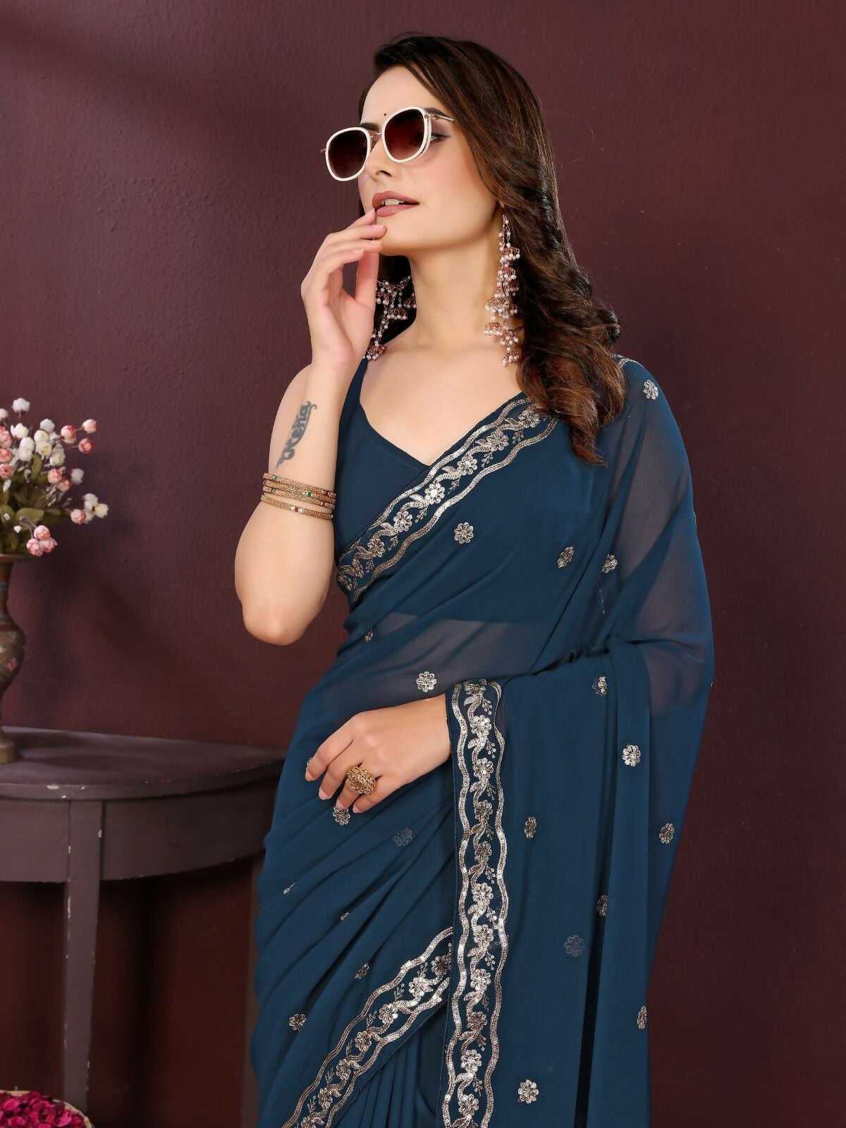 Ai Fashion Teal Soft Georgette Embroidery Party Wear Saree | Grocsy