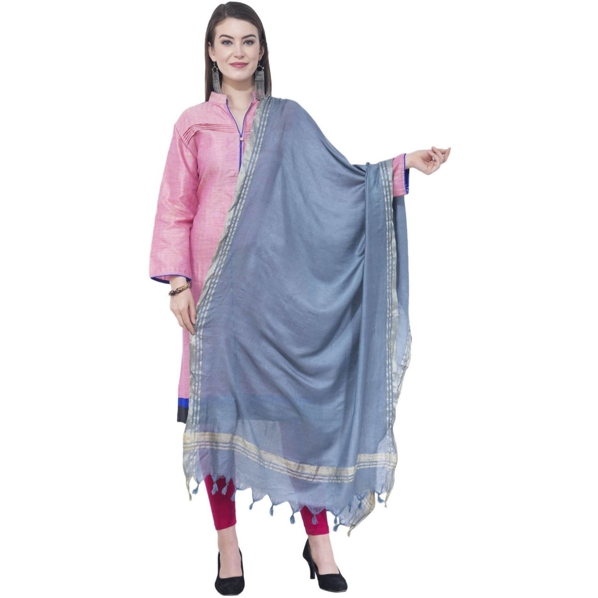 A R Silk Gray Color Golden Border Cotton Dupattas and Chunnis | Grocsy
