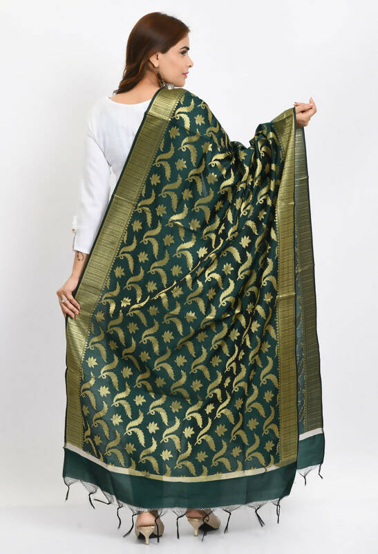 Mominos Fashion Moeza Women's Banarsi Silk Floral Woven Design Bottle Green Dupatta | Grocsy