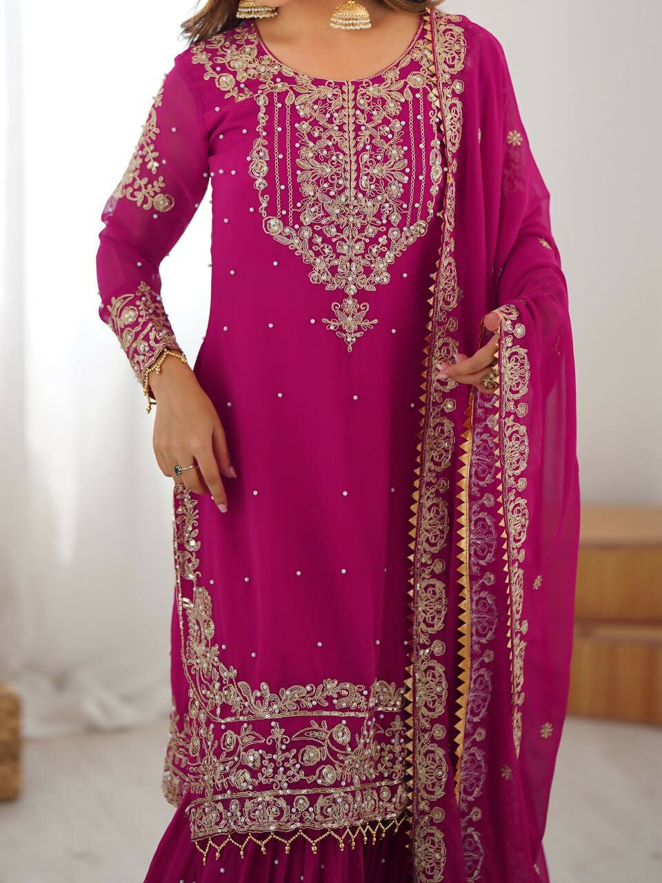 The52 Women's Beautiful Faux Georgette Fabric Embroidery Work Straight Kurt Sharara and Dupatta Set | Grocsy