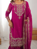 The52 Women's Beautiful Faux Georgette Fabric Embroidery Work Straight Kurt Sharara and Dupatta Set | Grocsy
