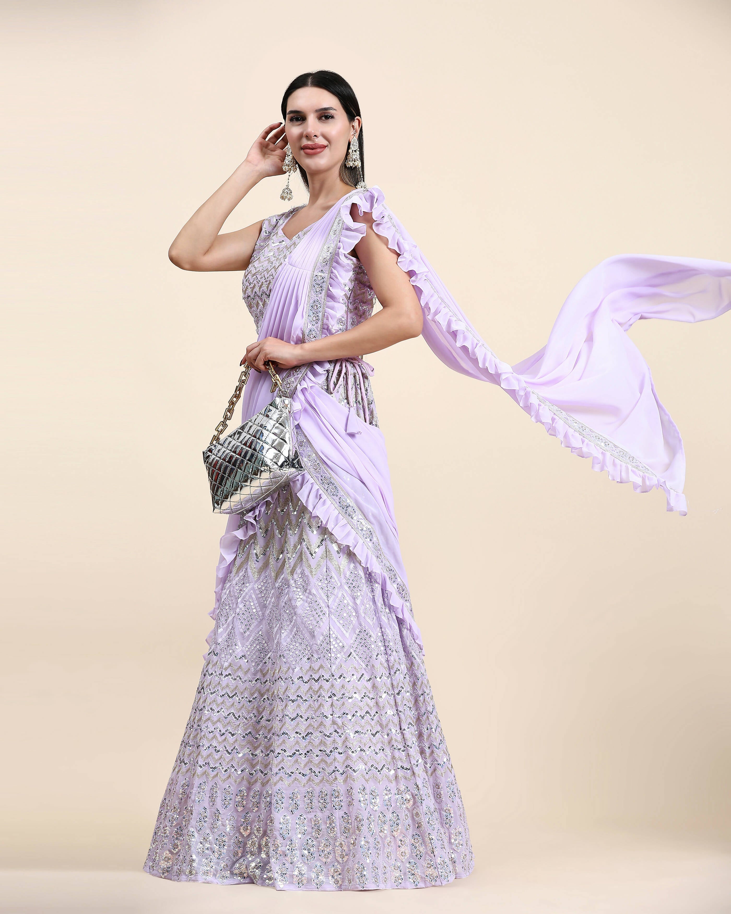Lavender Pure Viscose Georgette Thread With Sequins Embroidery Work Lehenga Choli With Dupatta - Tanya | Grocsy
