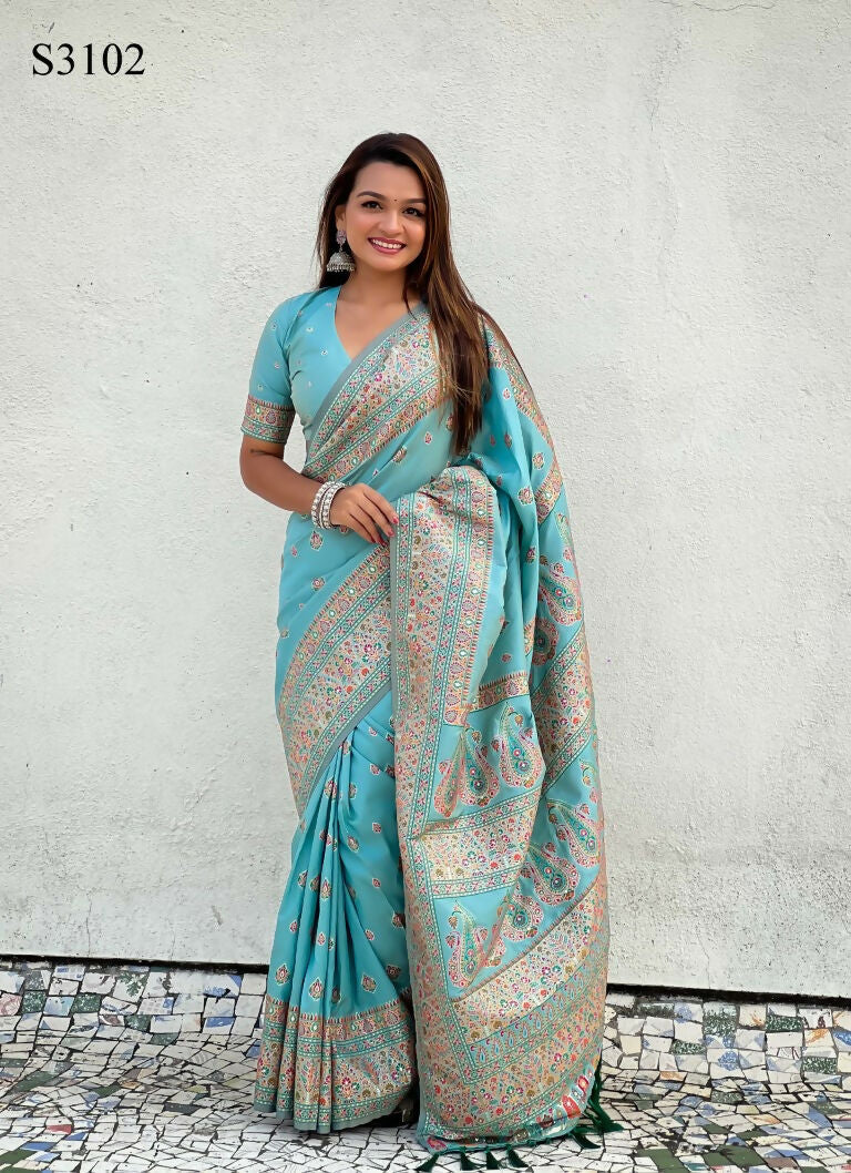 Blue Pashmina Silk Wevon Kashmiri Meenakari Designer Saree with Unstitched Blouse - Vandini | Grocsy