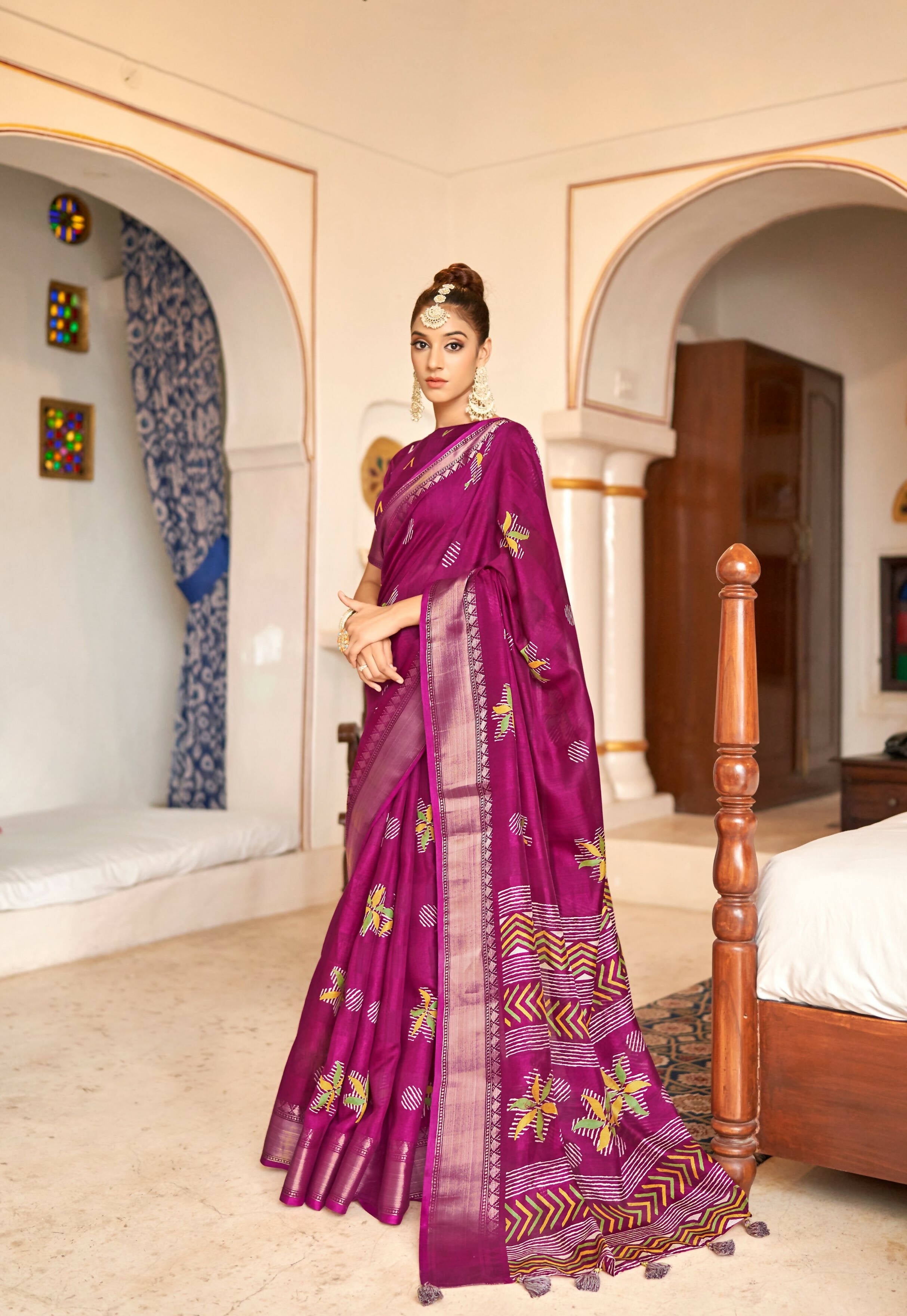 Pink Patta Poly Cotton Floral Printed Saree With Unstitched Blouse Piece - Shades | Grocsy