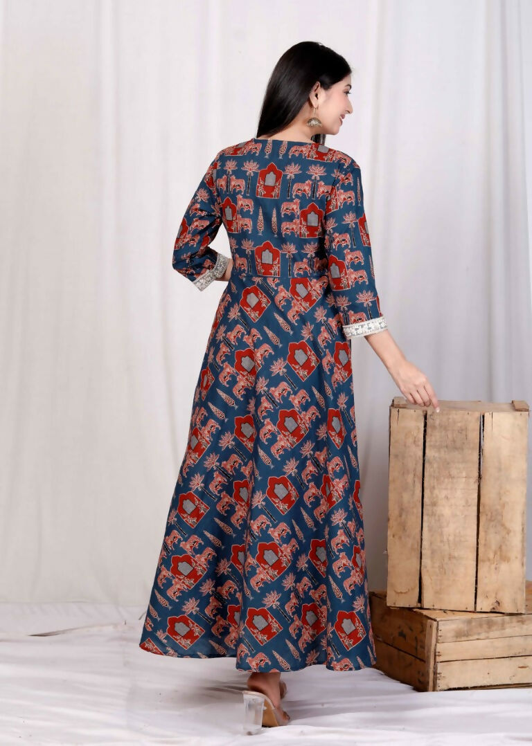 Miravan Women's Pure Cotton Blue Animal Printed Zari Lace Work Yoke Anarkali Kurta | Grocsy