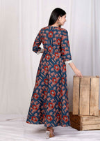 Miravan Women's Pure Cotton Blue Animal Printed Zari Lace Work Yoke Anarkali Kurta | Grocsy