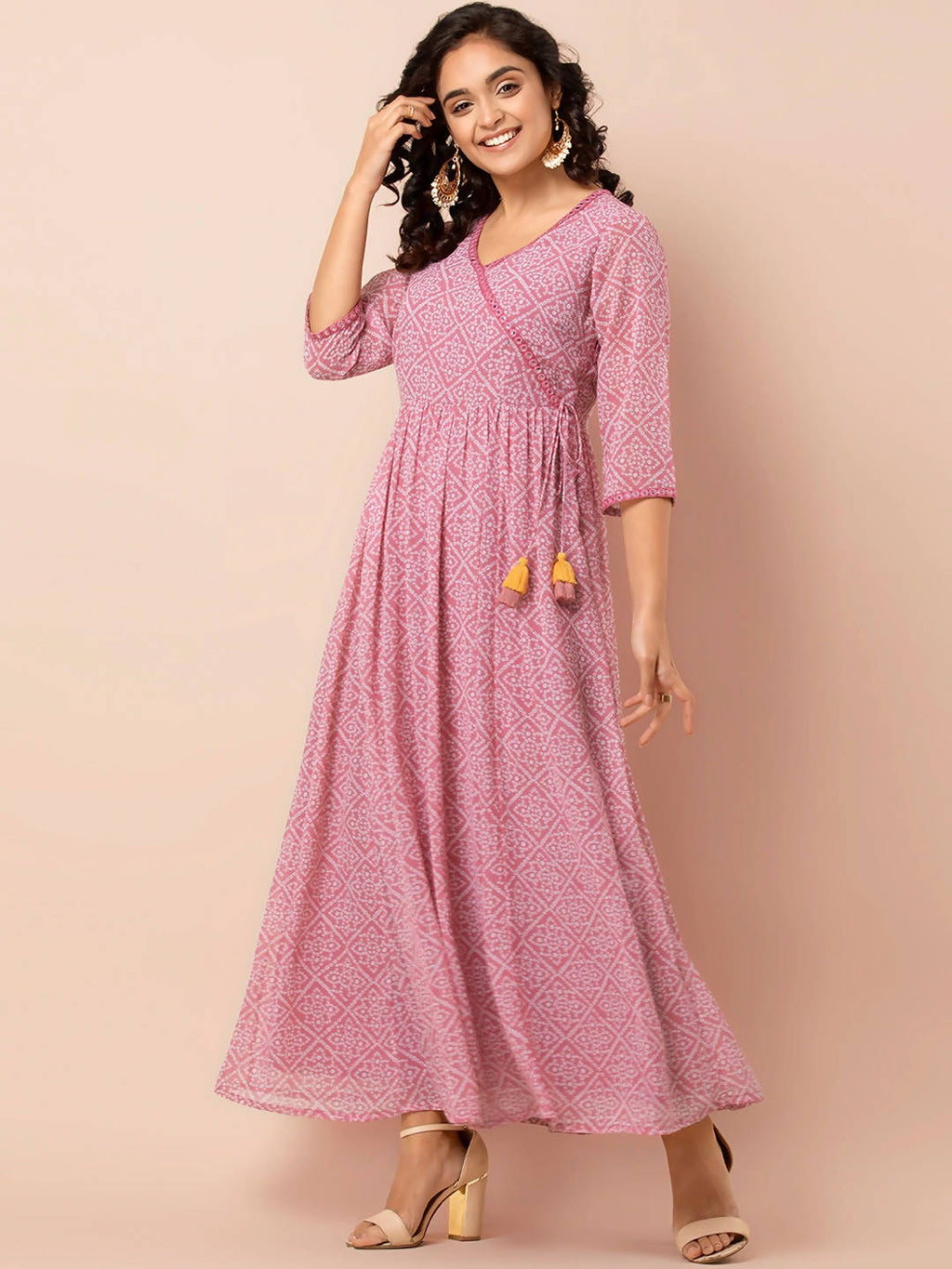 Indya Pink & White Printed Ethnic Maxi Dress | Grocsy