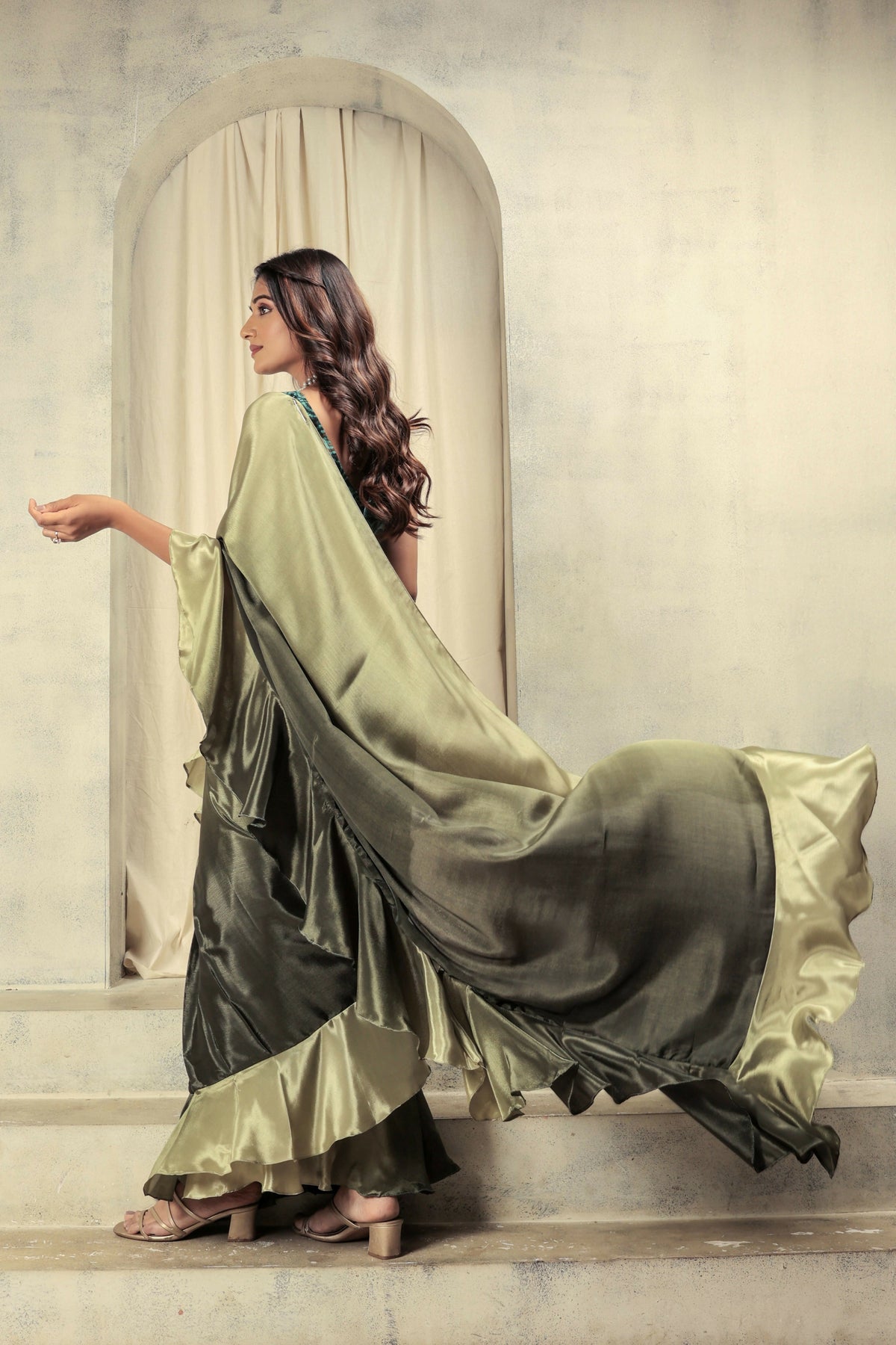 Green Satin Solid Designer, Printed Party Wear Ready To Wear Saree - Nasreen | Grocsy