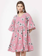 Myshka Women's Pink Poly Crepe Printed Bell Sleeve Round Neck Dress | Grocsy