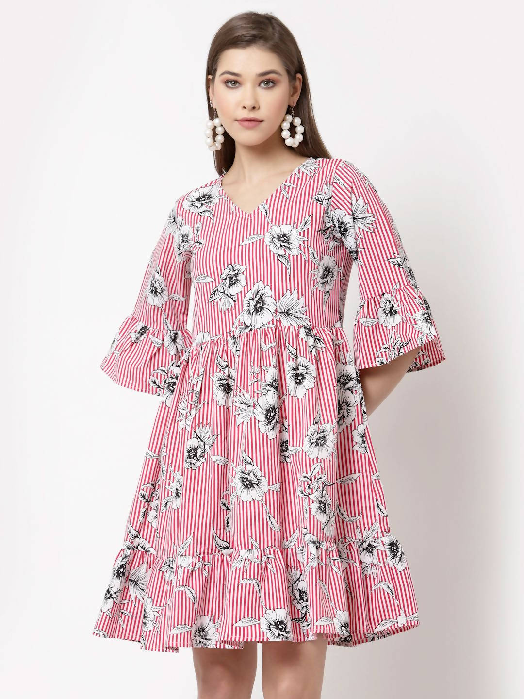 Myshka Women's Pink Poly Crepe Printed Bell Sleeve Round Neck Dress | Grocsy