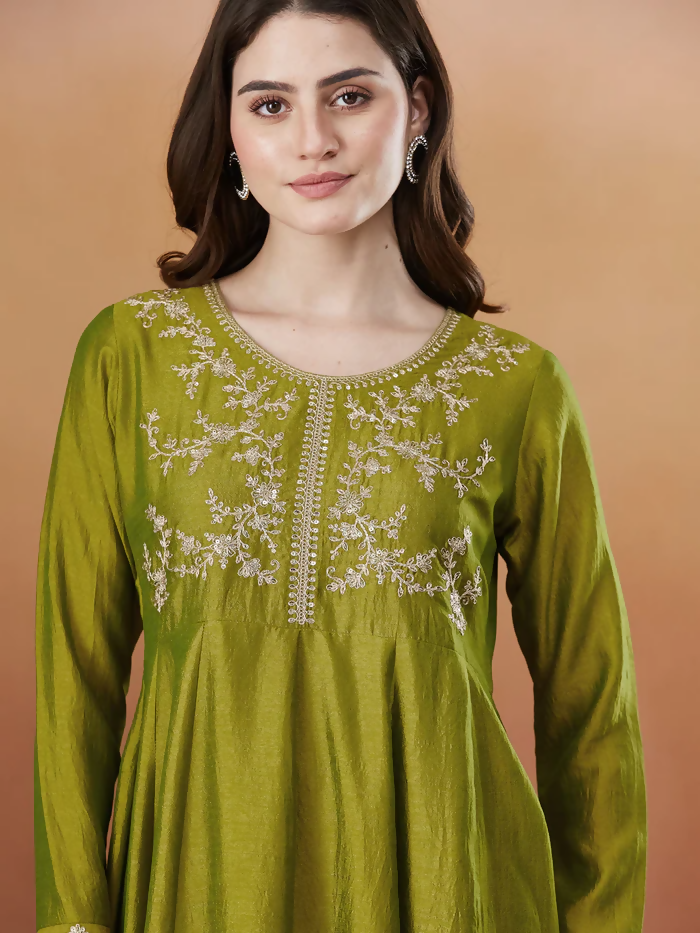 The52 Light Green Women's Beautiful Vichitra Silk Fabric Embroidered Work Flared Anarkali Pant and Dupatta Set | Grocsy
