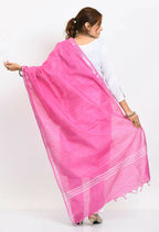 Mominos Fashion Moeza Women's Linen Cotton Silver Border Dark Pink Dupatta | Grocsy