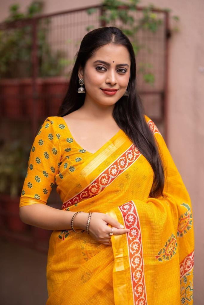 Mustard Silk Blend Geometric Saree with Unstitched Blouse - A2M | Grocsy