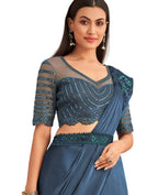 Navy Blue Satin Embroidered Ready To Wear Saree With Unstitched Blouse Piece - Nandika | Grocsy