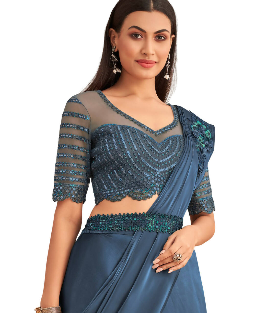Navy Blue Satin Embroidered Ready To Wear Saree With Unstitched Blouse Piece - Nandika | Grocsy