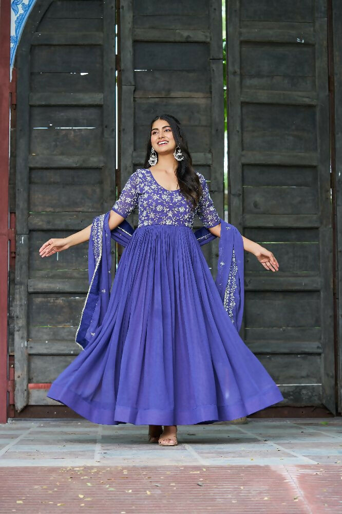 Joban Fashion Blue Readymade Kurta Set With Sequence embroidery Work | Grocsy