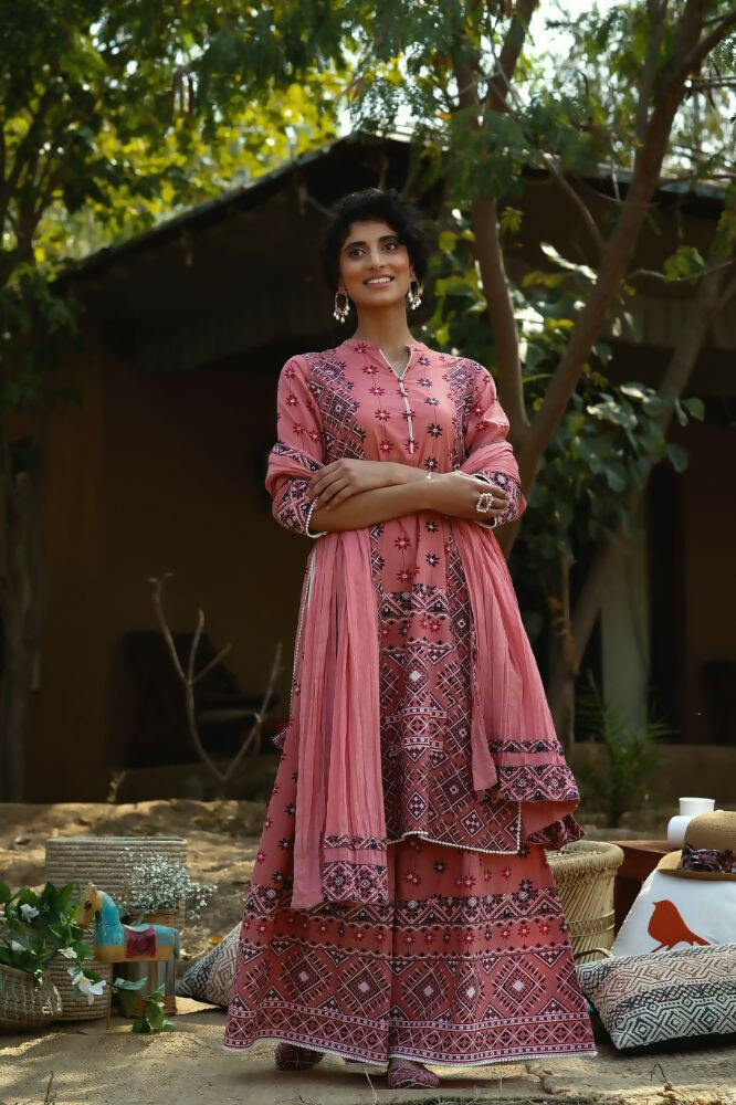 Juniper Peach Geometric Printed Pure Cotton Kurta & Palazzo Set with Lace Work | Grocsy