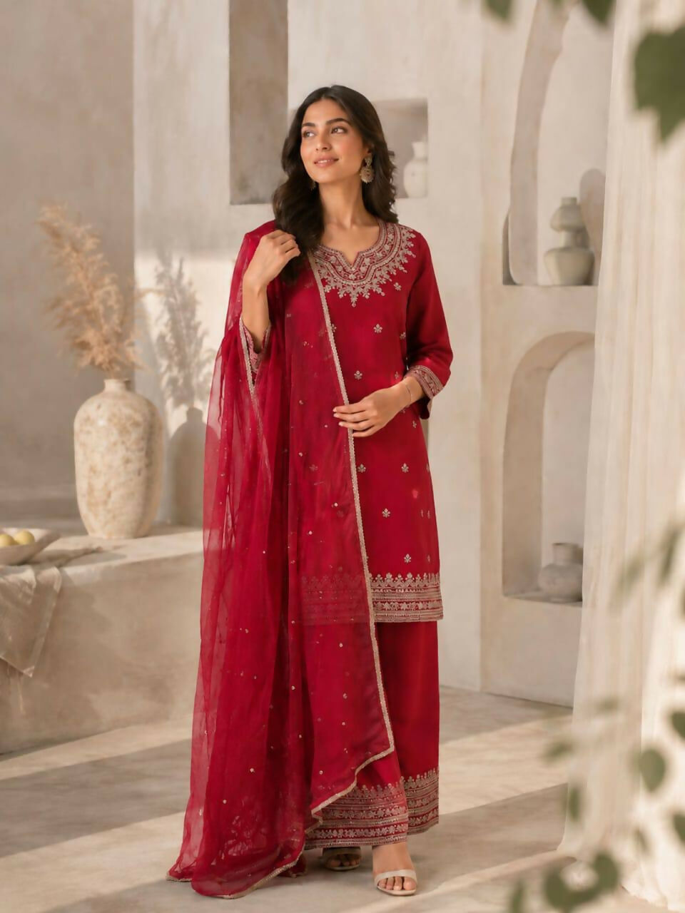 Teeya Creation Festive Red Silk Party Wear Kurti Pant Set With Elegant Zari Work | Grocsy