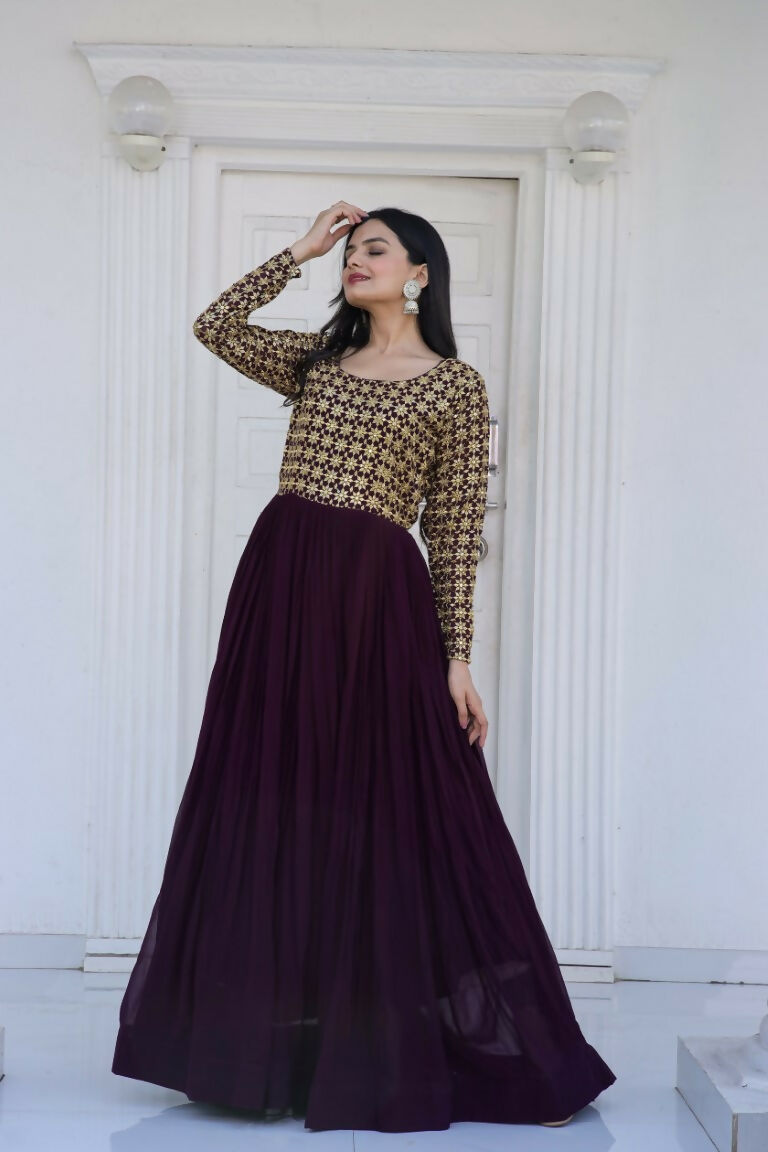 Jyoti Fashion Women's Wine Sequence Zari Embroidered Faux Blooming Anarkali Dress | Grocsy