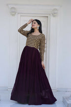 Jyoti Fashion Women's Wine Sequence Zari Embroidered Faux Blooming Anarkali Dress | Grocsy